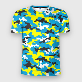 Мужская футболка 3D Slim с принтом Камуфляж Небесно Синий в Белгороде, 100% полиэстер с улучшенными характеристиками | приталенный силуэт, круглая горловина, широкие плечи, сужается к линии бедра | blue | camo | camouflage | sky | камуфляж | небо | синий
