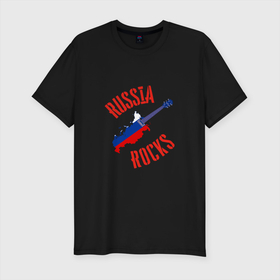 Мужская футболка хлопок Slim с принтом Russia Rocks в Курске, 92% хлопок, 8% лайкра | приталенный силуэт, круглый вырез ворота, длина до линии бедра, короткий рукав | music | rock | russia | гитара | музыка | патриот | рок | россия | россиянин | русская | русский | страна | триколор | флаг