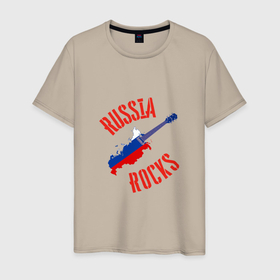 Мужская футболка хлопок с принтом Russia Rocks в Белгороде, 100% хлопок | прямой крой, круглый вырез горловины, длина до линии бедер, слегка спущенное плечо. | music | rock | russia | гитара | музыка | патриот | рок | россия | россиянин | русская | русский | страна | триколор | флаг
