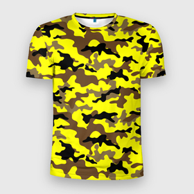 Мужская футболка 3D Slim с принтом Камуфляж Жёлто Коричневый в Санкт-Петербурге, 100% полиэстер с улучшенными характеристиками | приталенный силуэт, круглая горловина, широкие плечи, сужается к линии бедра | brown | camo | camouflage | yellow | жёлтый | камуфляж | коричневый