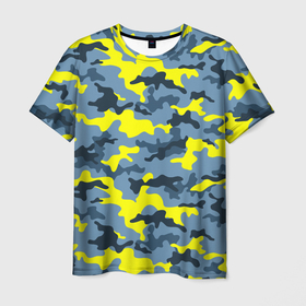 Мужская футболка 3D с принтом Камуфляж Жёлто Голубой , 100% полиэфир | прямой крой, круглый вырез горловины, длина до линии бедер | blue | camo | camouflage | yellow | жёлтый | камуфляж
