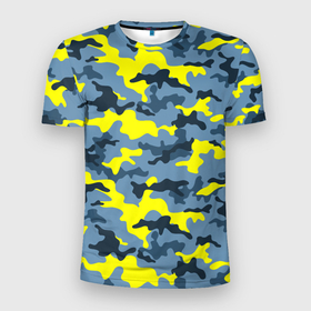 Мужская футболка 3D Slim с принтом Камуфляж Жёлто Голубой в Петрозаводске, 100% полиэстер с улучшенными характеристиками | приталенный силуэт, круглая горловина, широкие плечи, сужается к линии бедра | Тематика изображения на принте: blue | camo | camouflage | yellow | жёлтый | камуфляж
