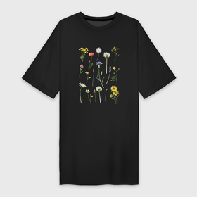 Платье-футболка хлопок с принтом Акварельная иллюстрация полевых цветов ,  |  | акварельный рисунок цветов | василек | иллюстрация цветов | клевер | луговые цветы | лютик | мак | одуванчик | пижма | полевые цветы | ромашка | цветы акварелью