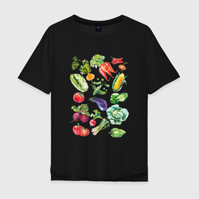 Мужская футболка хлопок Oversize с принтом Акварельная иллюстрация Овощи в Белгороде, 100% хлопок | свободный крой, круглый ворот, “спинка” длиннее передней части | Тематика изображения на принте: бакалажан | горох | иллюстрация овощей | капуста | кукуруза | лук | овощи | овощи акварелью | огурец | помидор | пререц | редис | свёкла | томат