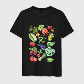 Мужская футболка хлопок с принтом Акварельная иллюстрация Овощи в Тюмени, 100% хлопок | прямой крой, круглый вырез горловины, длина до линии бедер, слегка спущенное плечо. | бакалажан | горох | иллюстрация овощей | капуста | кукуруза | лук | овощи | овощи акварелью | огурец | помидор | пререц | редис | свёкла | томат
