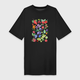 Платье-футболка хлопок с принтом Садовые и лесные ягоды акварельная иллюстрация ,  |  | вишня | голубика | ежевика | иллюстрация ягод | клубника | крыжовник | лесные ягоды | малина | облепиха | садовые ягоды | слива | ягоды