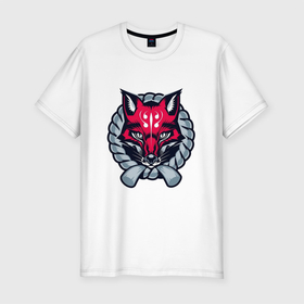 Мужская футболка хлопок Slim с принтом Эмблема Кицунэ в Новосибирске, 92% хлопок, 8% лайкра | приталенный силуэт, круглый вырез ворота, длина до линии бедра, короткий рукав | арт | знак | кицунэ | лис | лисёнок | рисунок | символ | эмблема | япония