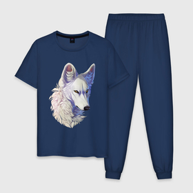 Мужская пижама хлопок с принтом Крупный белый волк в Тюмени, 100% хлопок | брюки и футболка прямого кроя, без карманов, на брюках мягкая резинка на поясе и по низу штанин
 | арт | белая волчица | белый волк | волк | волчица | рисунок