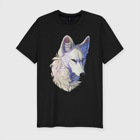 Мужская футболка хлопок Slim с принтом Крупный белый волк в Тюмени, 92% хлопок, 8% лайкра | приталенный силуэт, круглый вырез ворота, длина до линии бедра, короткий рукав | арт | белая волчица | белый волк | волк | волчица | рисунок