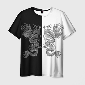 Мужская футболка 3D с принтом Double Dragon Дракон Чб в Екатеринбурге, 100% полиэфир | прямой крой, круглый вырез горловины, длина до линии бедер | beast | dragon | fire | grunge | горелый | дракон | животные | зверь | змей | иероглифы | когти | огонь | пепел | пламя | потертости | узор | чб | японский
