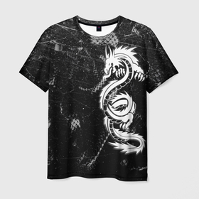 Мужская футболка 3D с принтом Китайский Дракон Чб Dragon Snake , 100% полиэфир | прямой крой, круглый вырез горловины, длина до линии бедер | beast | dark | dragon | fire | grunge | дракон | животные | зверь | змей | иероглифы | когти | огонь | пепел | пламя | потертости | узор | чб | японский