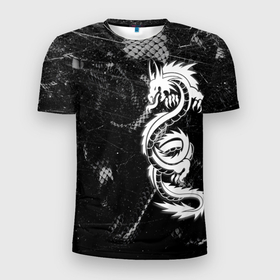 Мужская футболка 3D Slim с принтом Китайский Дракон Чб Dragon Snake , 100% полиэстер с улучшенными характеристиками | приталенный силуэт, круглая горловина, широкие плечи, сужается к линии бедра | beast | dark | dragon | fire | grunge | дракон | животные | зверь | змей | иероглифы | когти | огонь | пепел | пламя | потертости | узор | чб | японский