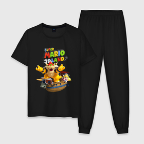 Мужская пижама хлопок с принтом Принцесса Персик на корабле Боузера   Super Mario 3D Land в Новосибирске, 100% хлопок | брюки и футболка прямого кроя, без карманов, на брюках мягкая резинка на поясе и по низу штанин
 | bowser | bracalet | chain | claws | fangs | heroes | horns | jaw | princess peach | ship | super mario | video game | боузер | браслет | видеоигра | герой | клыки | когти | корабль | пасть | цепь