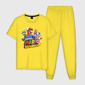 Мужская пижама хлопок с принтом Герои Super Mario 3D World   Nintendo в Петрозаводске, 100% хлопок | брюки и футболка прямого кроя, без карманов, на брюках мягкая резинка на поясе и по низу штанин
 | Тематика изображения на принте: heroes | luigi | princess peach | super mario | team | video game | видеоигра | герои | луиджи | супер марио