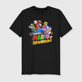 Мужская футболка хлопок Slim с принтом Герои Super Mario 3D World   Nintendo в Тюмени, 92% хлопок, 8% лайкра | приталенный силуэт, круглый вырез ворота, длина до линии бедра, короткий рукав | heroes | luigi | princess peach | super mario | team | video game | видеоигра | герои | луиджи | супер марио