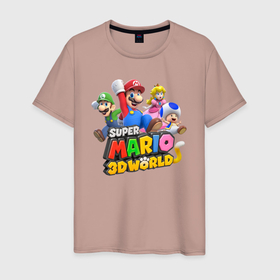 Мужская футболка хлопок с принтом Герои Super Mario 3D World   Nintendo в Екатеринбурге, 100% хлопок | прямой крой, круглый вырез горловины, длина до линии бедер, слегка спущенное плечо. | heroes | luigi | princess peach | super mario | team | video game | видеоигра | герои | луиджи | супер марио