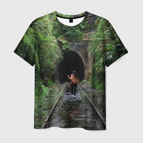 Мужская футболка 3D с принтом Дорога, уходящая в неизвестность в Санкт-Петербурге, 100% полиэфир | прямой крой, круглый вырез горловины, длина до линии бедер | бегство | девушка | деревья | дорога | жд | железная дорога | загадка | заросли | лес | мистика | мрак | мрачное | неизвестность | природа | рельсы | саспенс | тайна | туннель
