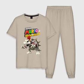 Мужская пижама хлопок с принтом Dry Bowser   Super Mario 3D World   Nintendo в Новосибирске, 100% хлопок | брюки и футболка прямого кроя, без карманов, на брюках мягкая резинка на поясе и по низу штанин
 | bracelet | claws | dry bowser | eyes | fangs | horns | jaw | skeleton | super mario | боузер | браслет | глаза | клыки | когти | пасть | рога | скелет | супер марио
