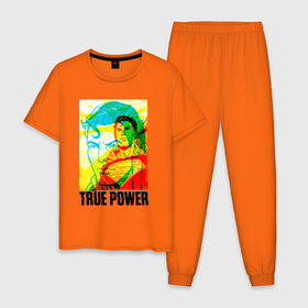 Мужская пижама хлопок с принтом True power в Санкт-Петербурге, 100% хлопок | брюки и футболка прямого кроя, без карманов, на брюках мягкая резинка на поясе и по низу штанин
 | dc | герой | голова | кларк кент | комиксы | лицо | надпись | персонаж | супермен
