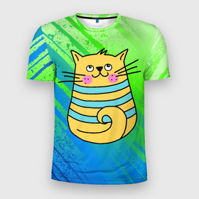 Мужская футболка 3D Slim с принтом Желтый кот в зеленую  полоску в Курске, 100% полиэстер с улучшенными характеристиками | приталенный силуэт, круглая горловина, широкие плечи, сужается к линии бедра | в полоску | желтый кот | кот | котик | кошка | полосочка