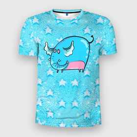 Мужская футболка 3D Slim с принтом Большой  голубой  слон в Белгороде, 100% полиэстер с улучшенными характеристиками | приталенный силуэт, круглая горловина, широкие плечи, сужается к линии бедра | синий слон | слон | слоненок | слониха