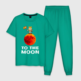 Мужская пижама хлопок с принтом Сиба на луне в Новосибирске, 100% хлопок | брюки и футболка прямого кроя, без карманов, на брюках мягкая резинка на поясе и по низу штанин
 | Тематика изображения на принте: nasa | аполлон | астронавт | джемини | космический | космическое агентство | космическое пространство | космонавт | космос | макрокосмос | меркурий | наса | пес | песель | пси | скайлэб | собака