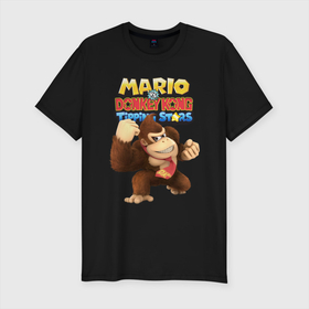 Мужская футболка хлопок Slim с принтом Mario Donkey Kong   Nintendo   Gorilla в Курске, 92% хлопок, 8% лайкра | приталенный силуэт, круглый вырез ворота, длина до линии бедра, короткий рукав | donkey kong | eyes | fist | mario | monkey | muzzle | nintendo | paws | video game | видеоигра | глаза | кулак | лапы | марио | нинтендо | обезьяна