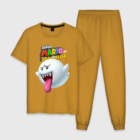 Мужская пижама хлопок с принтом Boo   Super Mario 3D World   Nintendo в Санкт-Петербурге, 100% хлопок | брюки и футболка прямого кроя, без карманов, на брюках мягкая резинка на поясе и по низу штанин
 | Тематика изображения на принте: boo | eyes | fangs | ghost | jaw | nintendo | super mario | tongue | video game | бу | видеоигра | глаза | клыки | нинтендо | пасть | супер марио | язык