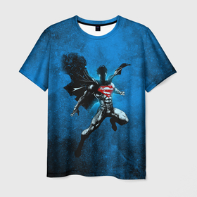 Мужская футболка 3D с принтом Супермен в небе в Петрозаводске, 100% полиэфир | прямой крой, круглый вырез горловины, длина до линии бедер | dc | брызги | герой | кларк кент | комиксы | космос | небо | персонаж | плащ | супермен | текстура