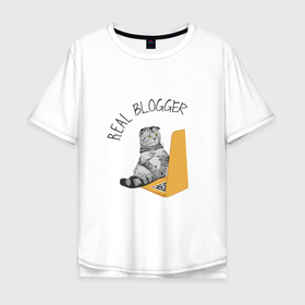 Мужская футболка хлопок Oversize с принтом FamousNiki блогер в Белгороде, 100% хлопок | свободный крой, круглый ворот, “спинка” длиннее передней части | famousniki | блогер | кот | котики | коты