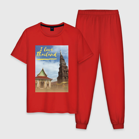 Мужская пижама хлопок с принтом Таиланд: буддистская ступа в Лампхуне в Новосибирске, 100% хлопок | брюки и футболка прямого кроя, без карманов, на брюках мягкая резинка на поясе и по низу штанин
 | i love | thailand | архитеркура | буддизм | курорт | лампхун | ланна | монастырь | отдых | отпуск | памятник | северный таиланд | страна ланна | ступа | таиланд | храм | я люблю