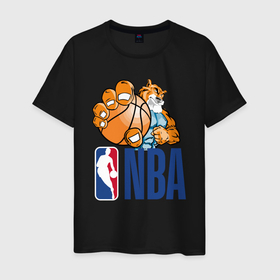 Мужская футболка хлопок с принтом NBA   Tiger в Курске, 100% хлопок | прямой крой, круглый вырез горловины, длина до линии бедер, слегка спущенное плечо. | ball | basketball | hand | nba | tiger | баскетбол | лапы | мяч | тигр