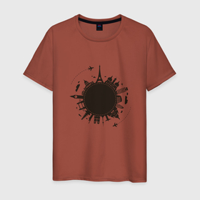 Мужская футболка хлопок с принтом Путешествие вокруг света в Белгороде, 100% хлопок | прямой крой, круглый вырез горловины, длина до линии бедер, слегка спущенное плечо. | земной шар | мир | путешествие | рисунок | самолет | эйфилева башня