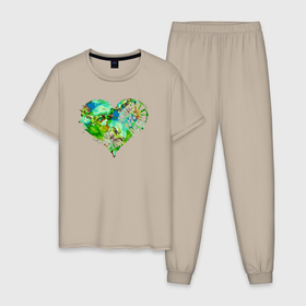 Мужская пижама хлопок с принтом Сердце под сапогами в Тюмени, 100% хлопок | брюки и футболка прямого кроя, без карманов, на брюках мягкая резинка на поясе и по низу штанин
 | camouflage | брызги | зеленый | камок | камуфляж | камуфляжный | краска | маскировка | милитари | раскраска | расцветка | сапог | сердце | след
