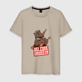 Мужская футболка хлопок с принтом Россия   Добро пожаловать в Новосибирске, 100% хлопок | прямой крой, круглый вырез горловины, длина до линии бедер, слегка спущенное плечо. | bear | russia | балалайка | животные | медведь | мищка | патриот | россия | россиянин | русская | русский | страна | триколор | флаг
