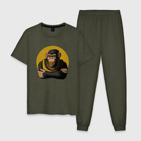 Мужская пижама хлопок с принтом Обезьяна с золотой цепью в Екатеринбурге, 100% хлопок | брюки и футболка прямого кроя, без карманов, на брюках мягкая резинка на поясе и по низу штанин
 | monkey | золотая цепь | золото | обезьяна | обезьянка | цепочка