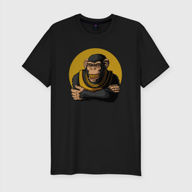 Мужская футболка хлопок Slim с принтом Обезьяна с золотой цепью в Белгороде, 92% хлопок, 8% лайкра | приталенный силуэт, круглый вырез ворота, длина до линии бедра, короткий рукав | monkey | золотая цепь | золото | обезьяна | обезьянка | цепочка