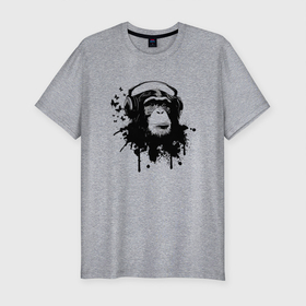 Мужская футболка хлопок Slim с принтом Шимпанзе меломан в Курске, 92% хлопок, 8% лайкра | приталенный силуэт, круглый вырез ворота, длина до линии бедра, короткий рукав | Тематика изображения на принте: кайф | меломан | музыка | наушники | обезьяна