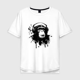 Мужская футболка хлопок Oversize с принтом Шимпанзе меломан в Екатеринбурге, 100% хлопок | свободный крой, круглый ворот, “спинка” длиннее передней части | Тематика изображения на принте: кайф | меломан | музыка | наушники | обезьяна
