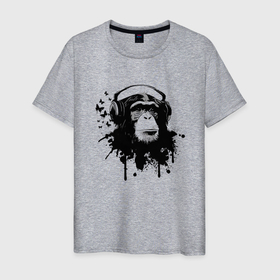 Мужская футболка хлопок с принтом Шимпанзе меломан в Кировске, 100% хлопок | прямой крой, круглый вырез горловины, длина до линии бедер, слегка спущенное плечо. | кайф | меломан | музыка | наушники | обезьяна