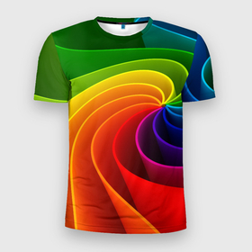 Мужская футболка 3D Slim с принтом Спираль   Модный узор 2023   Неон в Белгороде, 100% полиэстер с улучшенными характеристиками | приталенный силуэт, круглая горловина, широкие плечи, сужается к линии бедра | color | fashion | neon | spiral | мода | неон | спираль | цвет