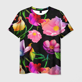Мужская футболка 3D с принтом Цветочный узор   Floral pattern в Кировске, 100% полиэфир | прямой крой, круглый вырез горловины, длина до линии бедер | fashion | flower | leaf | pattern | лист | мода | узор | цветы