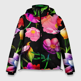 Мужская зимняя куртка 3D с принтом Цветочный узор   Floral pattern в Новосибирске, верх — 100% полиэстер; подкладка — 100% полиэстер; утеплитель — 100% полиэстер | длина ниже бедра, свободный силуэт Оверсайз. Есть воротник-стойка, отстегивающийся капюшон и ветрозащитная планка. 

Боковые карманы с листочкой на кнопках и внутренний карман на молнии. | Тематика изображения на принте: fashion | flower | leaf | pattern | лист | мода | узор | цветы