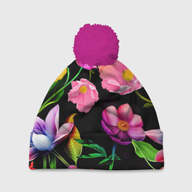 Шапка 3D c помпоном с принтом Цветочный узор   Floral pattern в Екатеринбурге, 100% полиэстер | универсальный размер, печать по всей поверхности изделия | fashion | flower | leaf | pattern | лист | мода | узор | цветы