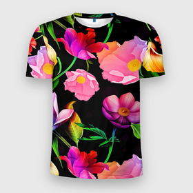Мужская футболка 3D Slim с принтом Цветочный узор   Floral pattern в Белгороде, 100% полиэстер с улучшенными характеристиками | приталенный силуэт, круглая горловина, широкие плечи, сужается к линии бедра | fashion | flower | leaf | pattern | лист | мода | узор | цветы