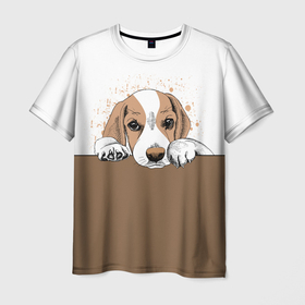 Мужская футболка 3D с принтом Грустный Щенок Бигля в Белгороде, 100% полиэфир | прямой крой, круглый вырез горловины, длина до линии бедер | animal | beagle | dog | hunting dog | бигль | год собаки | гончая собака | друг человека | животное | зверь | кинолог | охотничья собака | пес | порода собак | собака бигль | собаковод | собачка | хищник