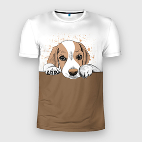 Мужская футболка 3D Slim с принтом Грустный Щенок Бигля в Петрозаводске, 100% полиэстер с улучшенными характеристиками | приталенный силуэт, круглая горловина, широкие плечи, сужается к линии бедра | animal | beagle | dog | hunting dog | бигль | год собаки | гончая собака | друг человека | животное | зверь | кинолог | охотничья собака | пес | порода собак | собака бигль | собаковод | собачка | хищник