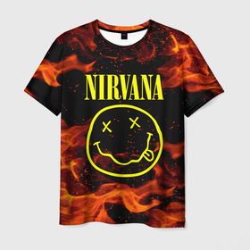 Мужская футболка 3D с принтом NIRVANA (огонь) в Тюмени, 100% полиэфир | прямой крой, круглый вырез горловины, длина до линии бедер | nirvana | альтернативный рок | группа | курт кобейн | логотип нирвана | музыка | нирвана | огонь | песни | пламя | рок