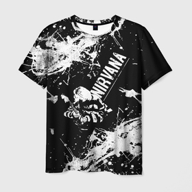 Мужская футболка 3D с принтом NIRVANA (краска) в Петрозаводске, 100% полиэфир | прямой крой, круглый вырез горловины, длина до линии бедер | nirvana | альтернативный рок | группа | курт кобейн | лого | логотип | логотип нирвана | музыка | нирвана | песни | рок