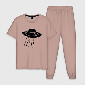 Мужская пижама хлопок с принтом Летающая тарелка, дудл в Тюмени, 100% хлопок | брюки и футболка прямого кроя, без карманов, на брюках мягкая резинка на поясе и по низу штанин
 | дудл | инопланетяне | корабль | космический | летающая | нло | пришельцы | тарелка | черный